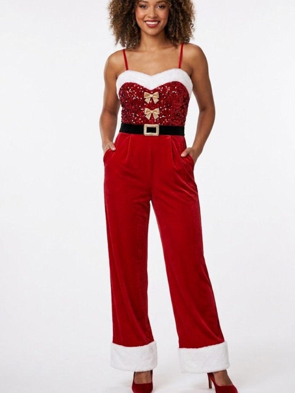 Love on a Hanger Christmas Holiday Jumpsuit Red Sequin Velvet Faux Fur Sz XL